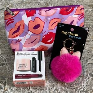 Clinique Lip-Print Pouch with Mini Marvels Cosmetics and Bunny Pom-Pom Key Charm